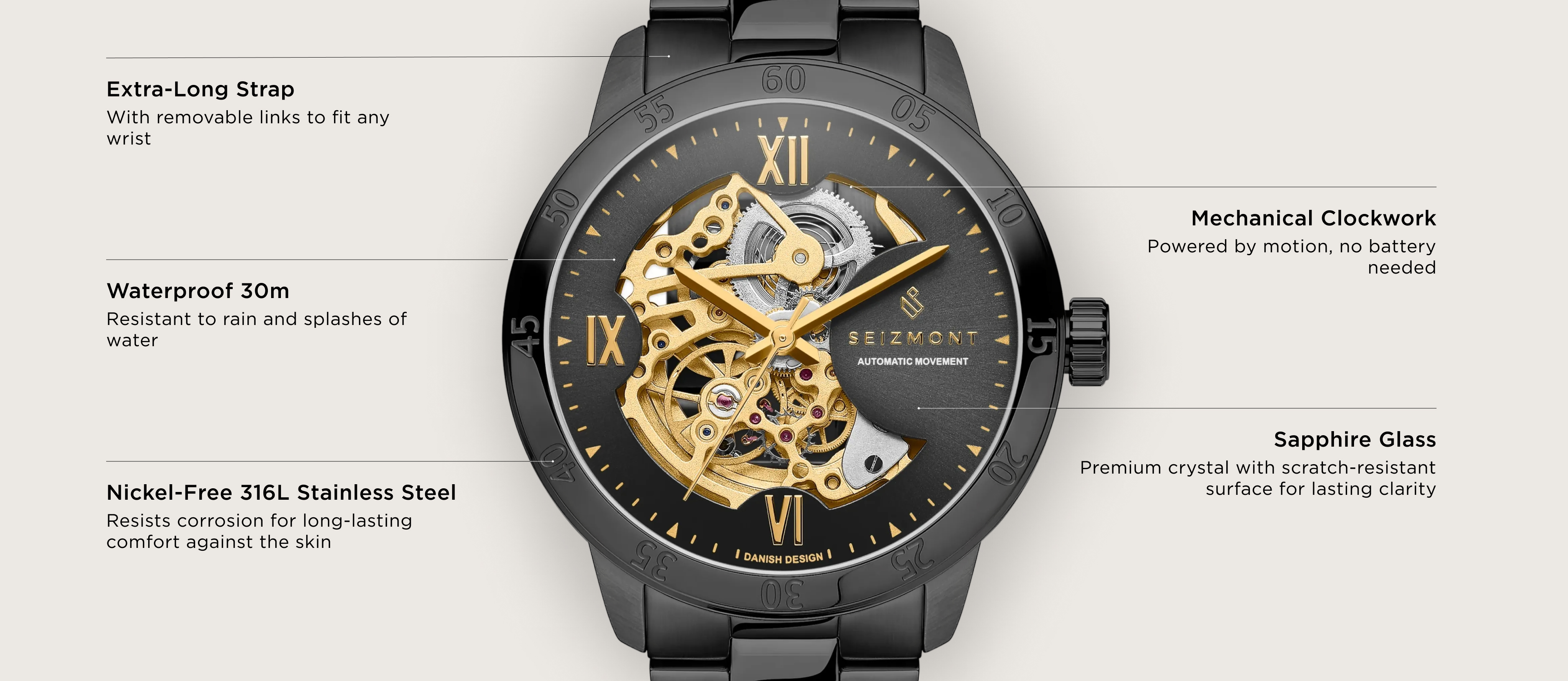 アナトミー 2 Dante II | Black Stainless Steel Skeleton Watch With Black Dial